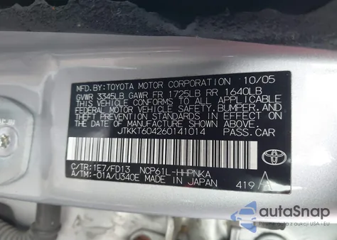 2006 Scion Xa z USA, uszkodzony, nr VIN JTKKT604260141014